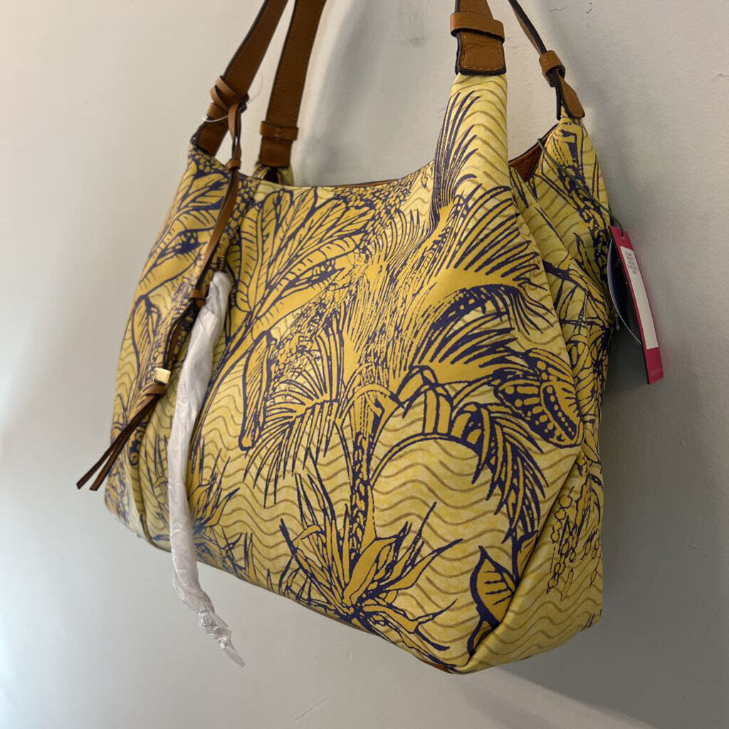 Vince Camuto Yellow Tropical Print Leather Tania Tote Purse