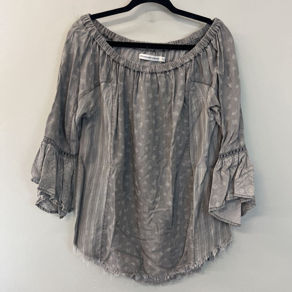 Standard Grace Grey Paisley Print Bell Sleeve Off Shoulder Top Medium