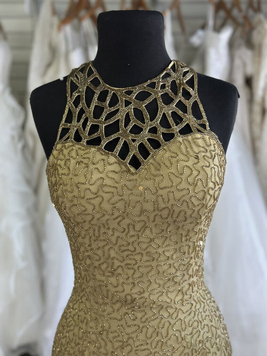 Vintage Scala Gold Beaded Long Formal Dress Medium