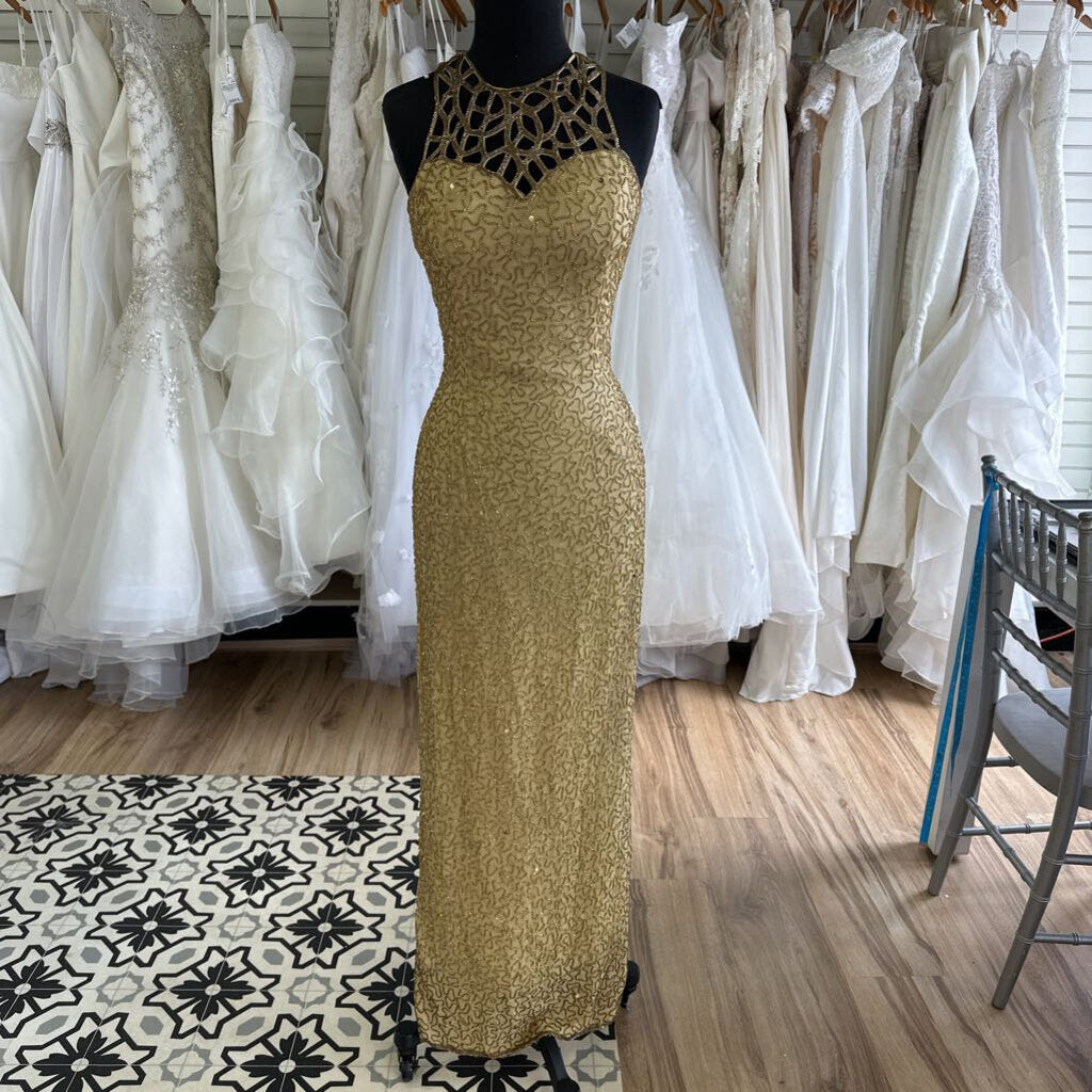 Vintage Scala Gold Beaded Long Formal Dress Medium