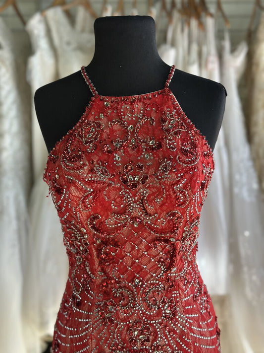 Red Beaded Lace Mermaid Long Formal Dress 6