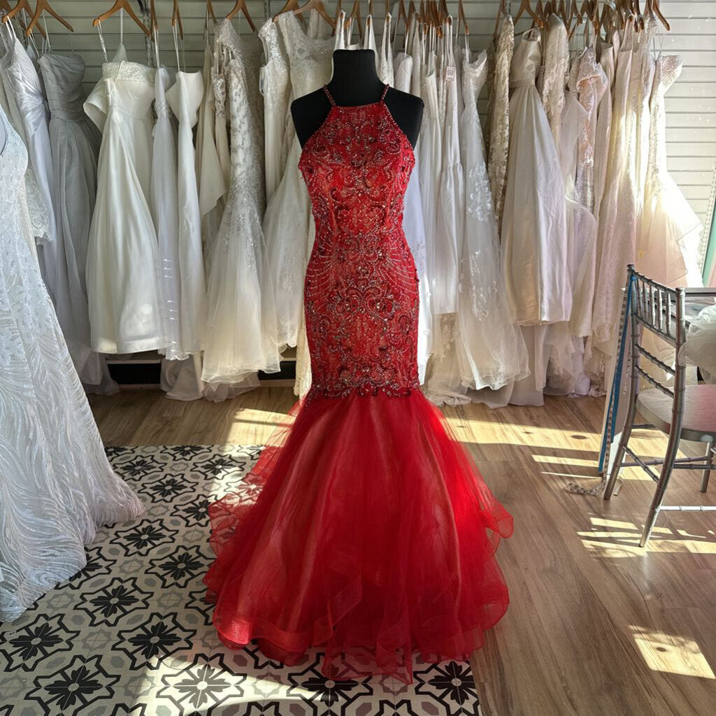 Red Beaded Lace Mermaid Long Formal Dress 6