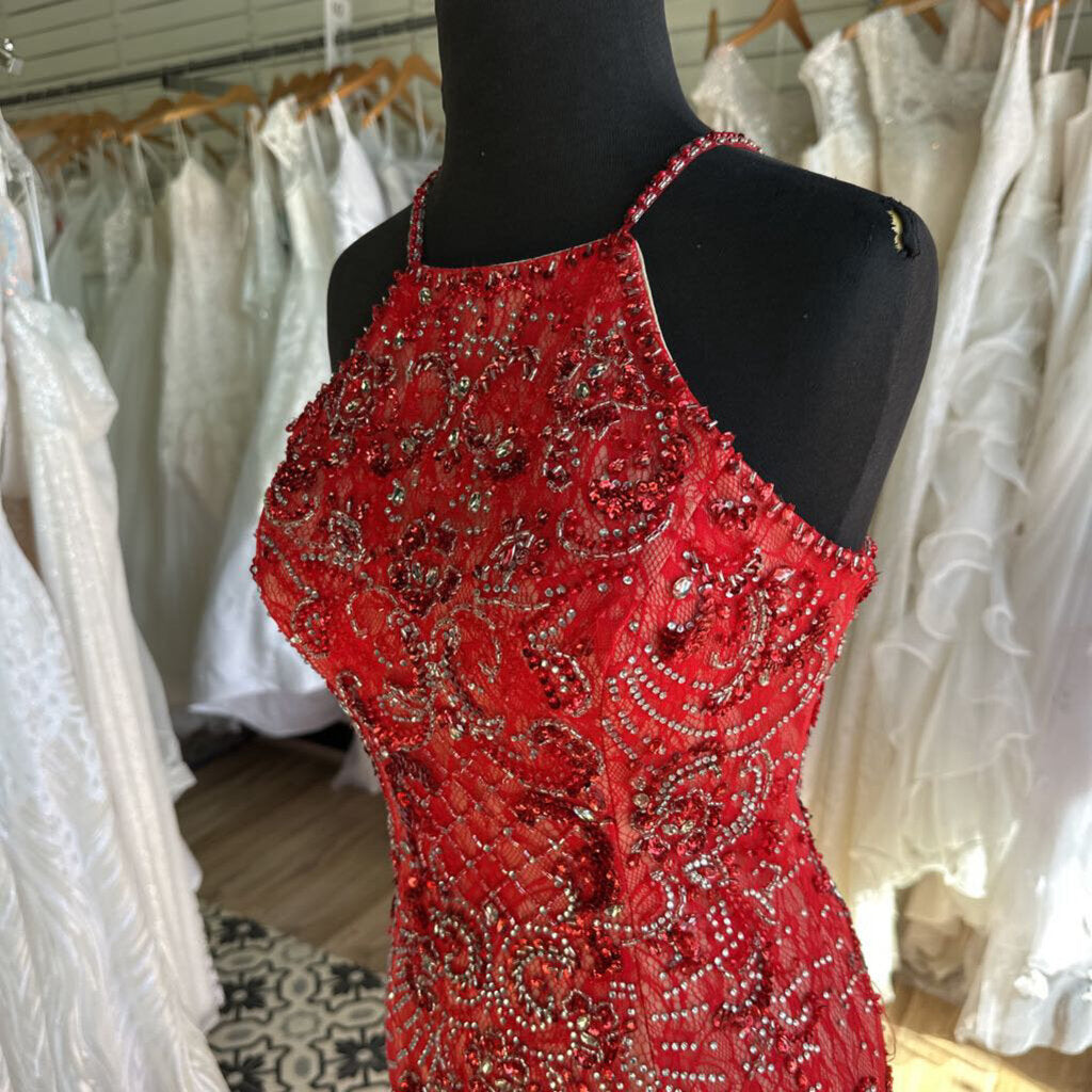 Red Beaded Lace Mermaid Long Formal Dress 6