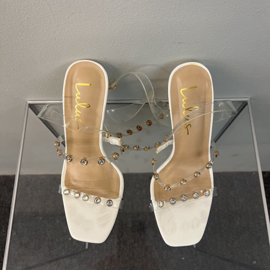 Lulus Ivory Gold/ Rhinestone Strap Heels 7.5