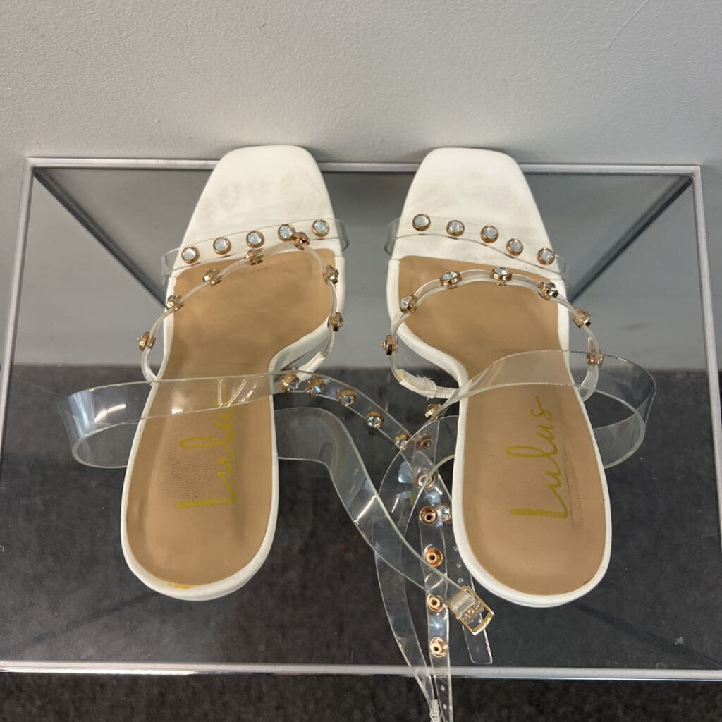 Lulus Ivory Gold/ Rhinestone Strap Heels 7.5