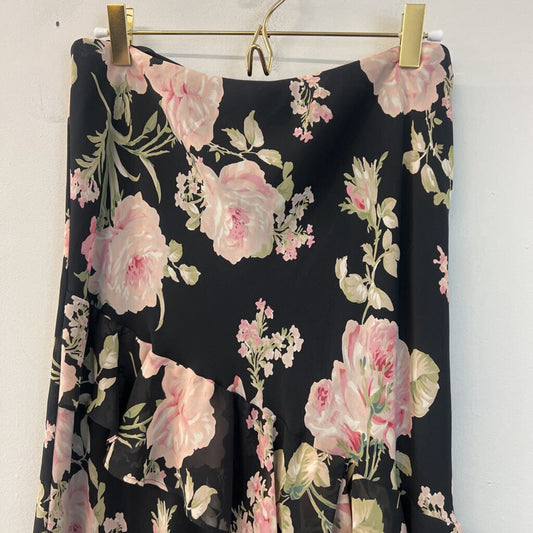 Vintage Chaps Black/ Pink Flower Print Ruffle Detail Midi Skirt 6