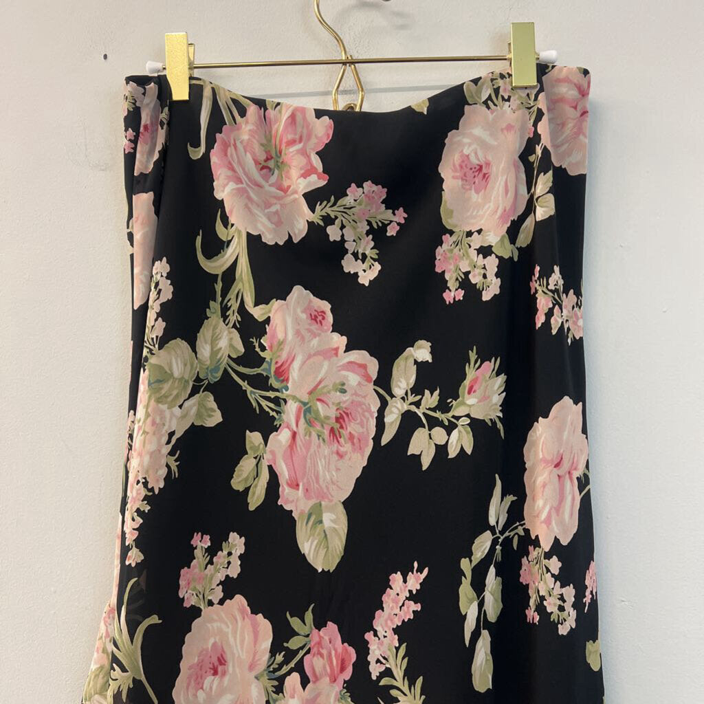 Vintage Chaps Black/ Pink Flower Print Ruffle Detail Midi Skirt 6