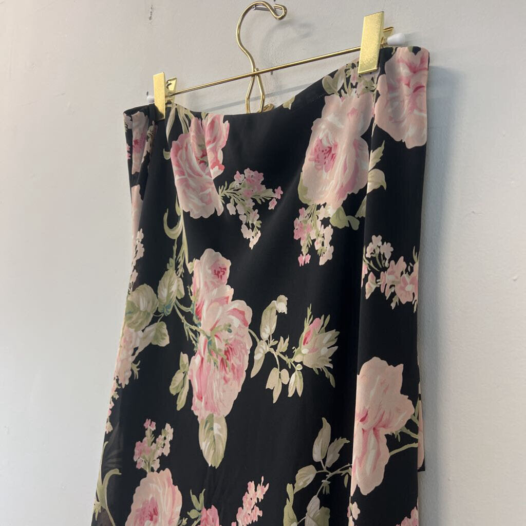 Vintage Chaps Black/ Pink Flower Print Ruffle Detail Midi Skirt 6