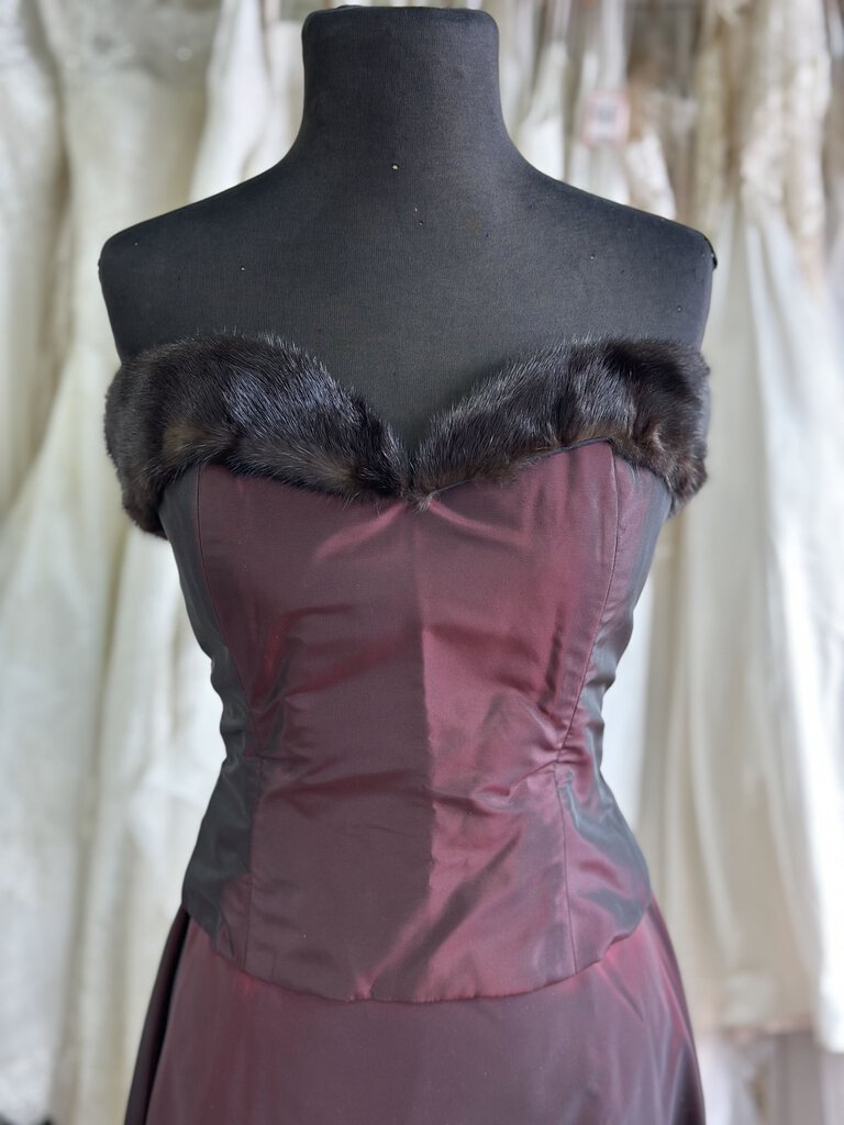 Victoria Burgundy Sheen Fur Lined Strapless Top/ Skirt Set 6