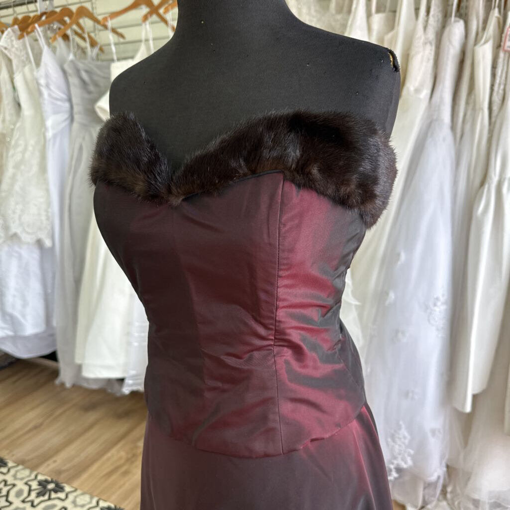 Victoria Burgundy Sheen Fur Lined Strapless Top/ Skirt Set 6