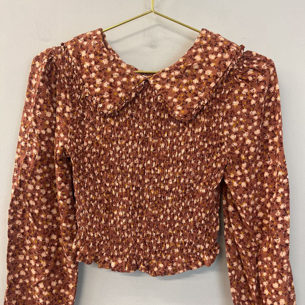 Burnt Orange/ Multi Flower Print Smocked Long Sleeve Top Small