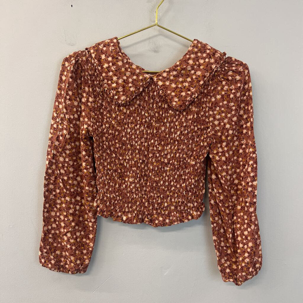 Burnt Orange/ Multi Flower Print Smocked Long Sleeve Top Small