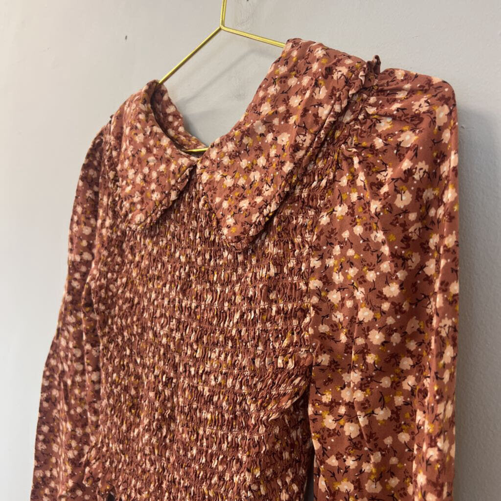 Burnt Orange/ Multi Flower Print Smocked Long Sleeve Top Small