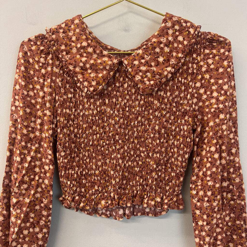 Burnt Orange/ Multi Flower Print Smocked Long Sleeve Top Small