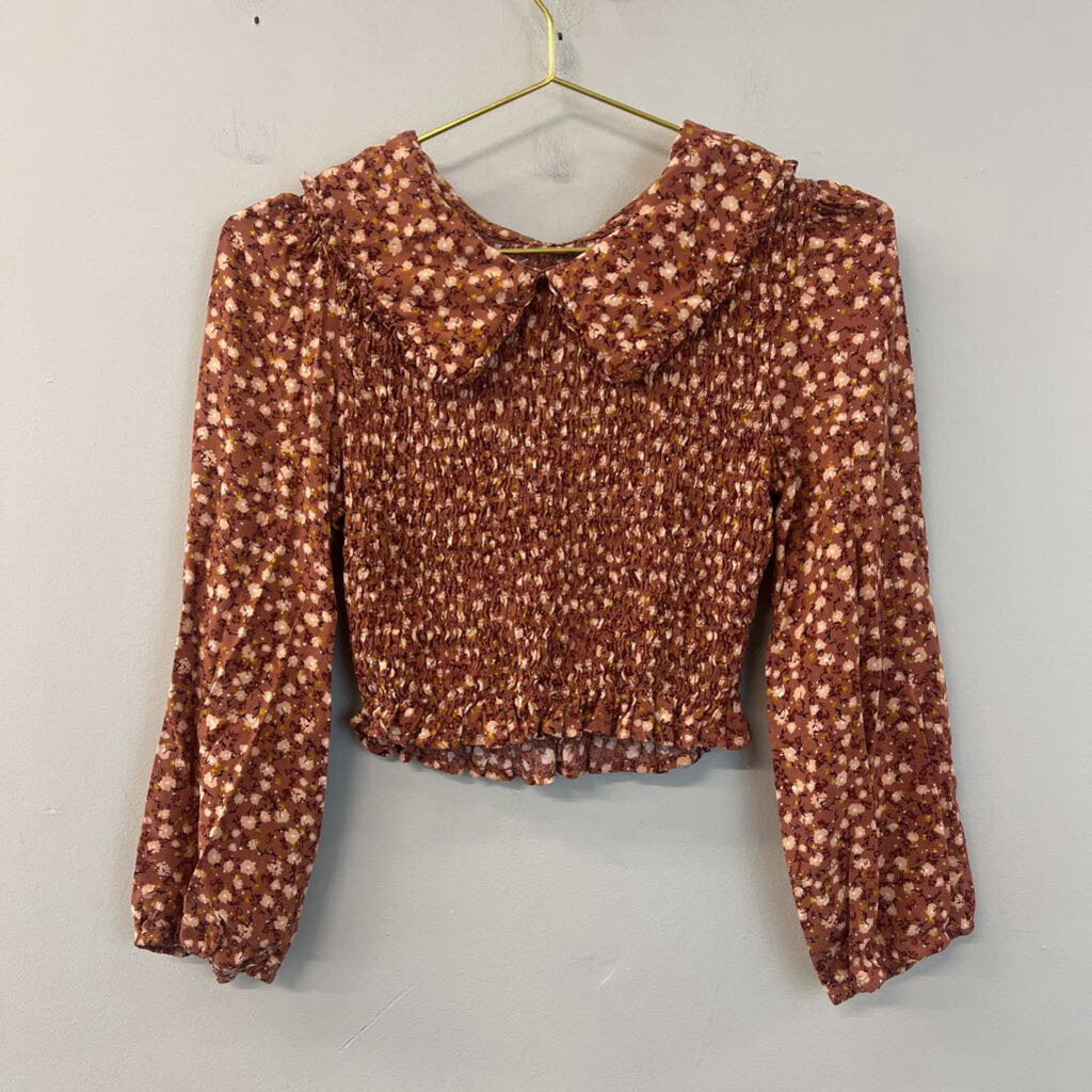 Burnt Orange/ Multi Flower Print Smocked Long Sleeve Top Small