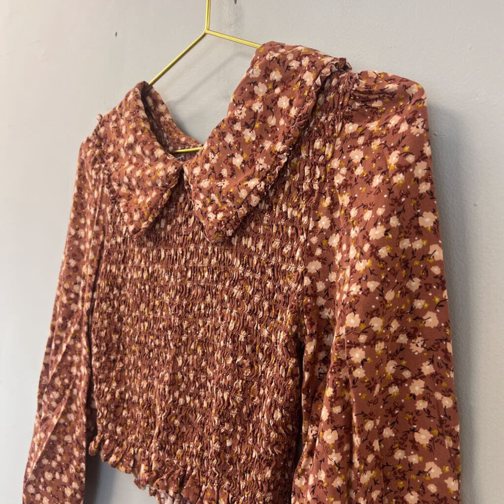 Burnt Orange/ Multi Flower Print Smocked Long Sleeve Top Small