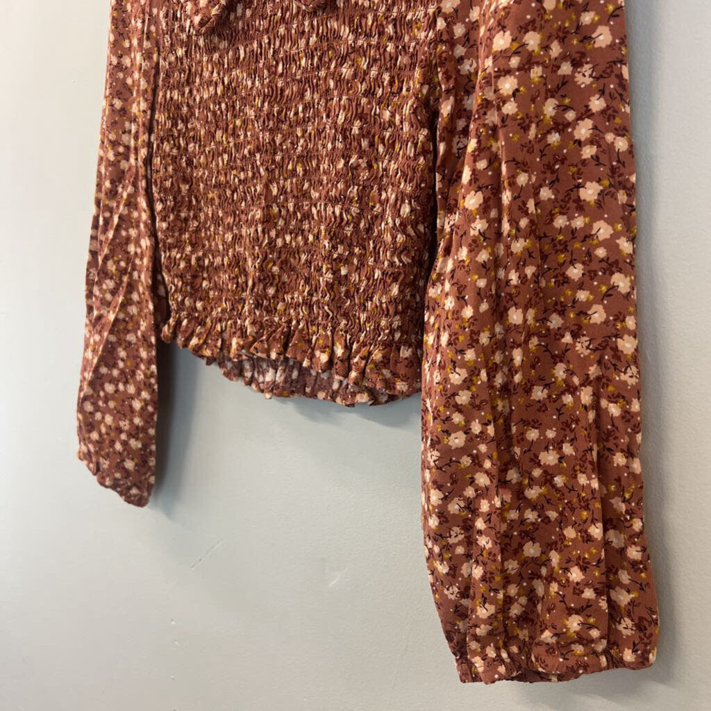 Burnt Orange/ Multi Flower Print Smocked Long Sleeve Top Small