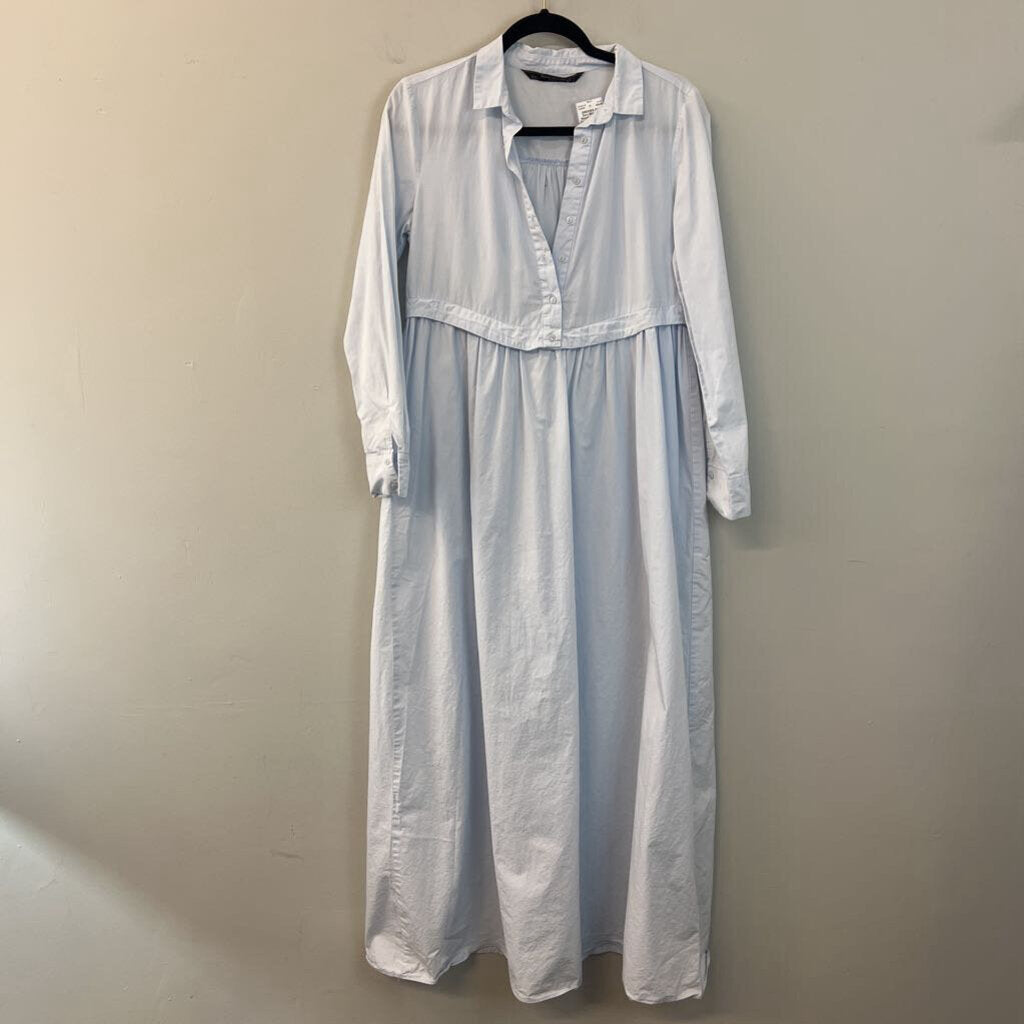 Zara Blue Long Sleeve Half Button Down Collared Maxi Dress Small