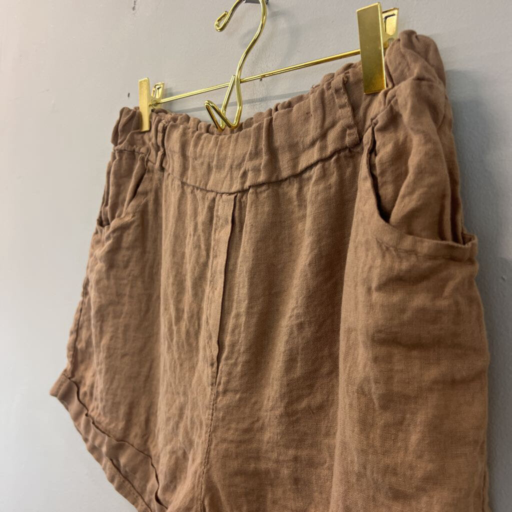 Brown Linen Pull On Shorts Small