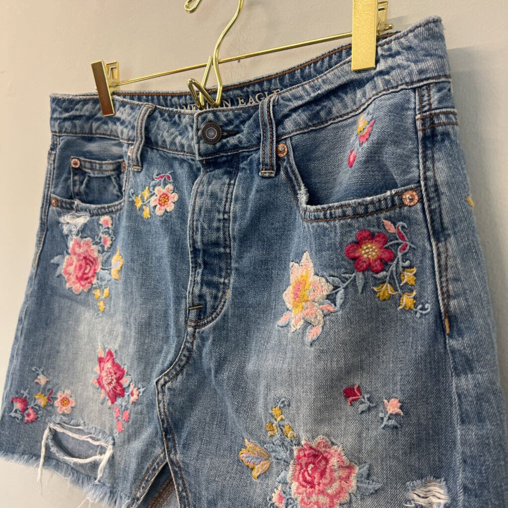 American Eagle Denim Embroidered Flower Mini Skirt 6