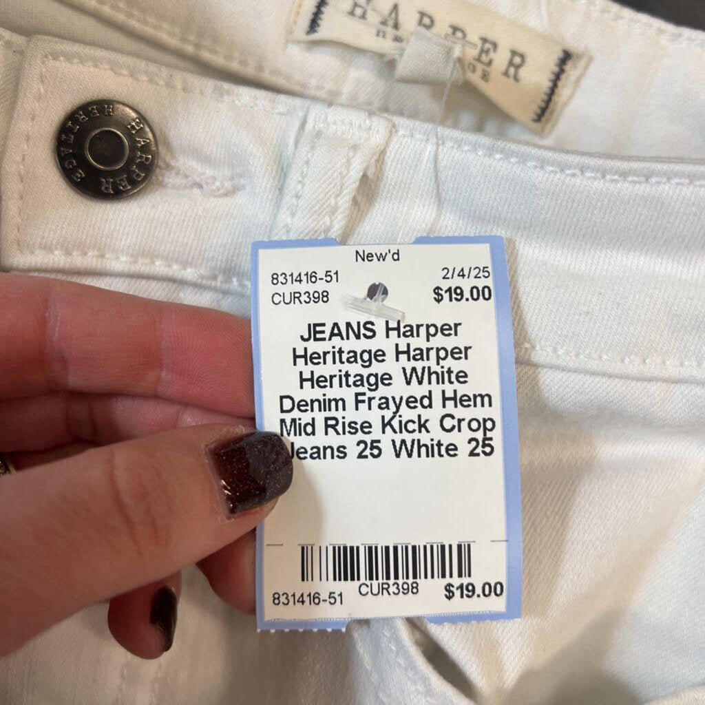 Harper Heritage White Denim Frayed Hem Mid Rise Kick Crop Jeans 25