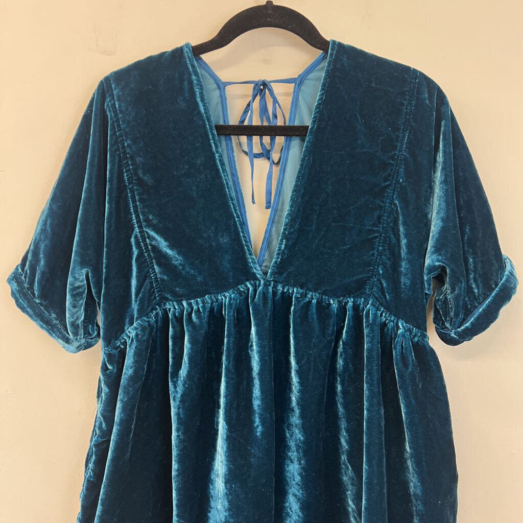 Free People Blue Velvet Short Sleeve Babydoll Dress Small