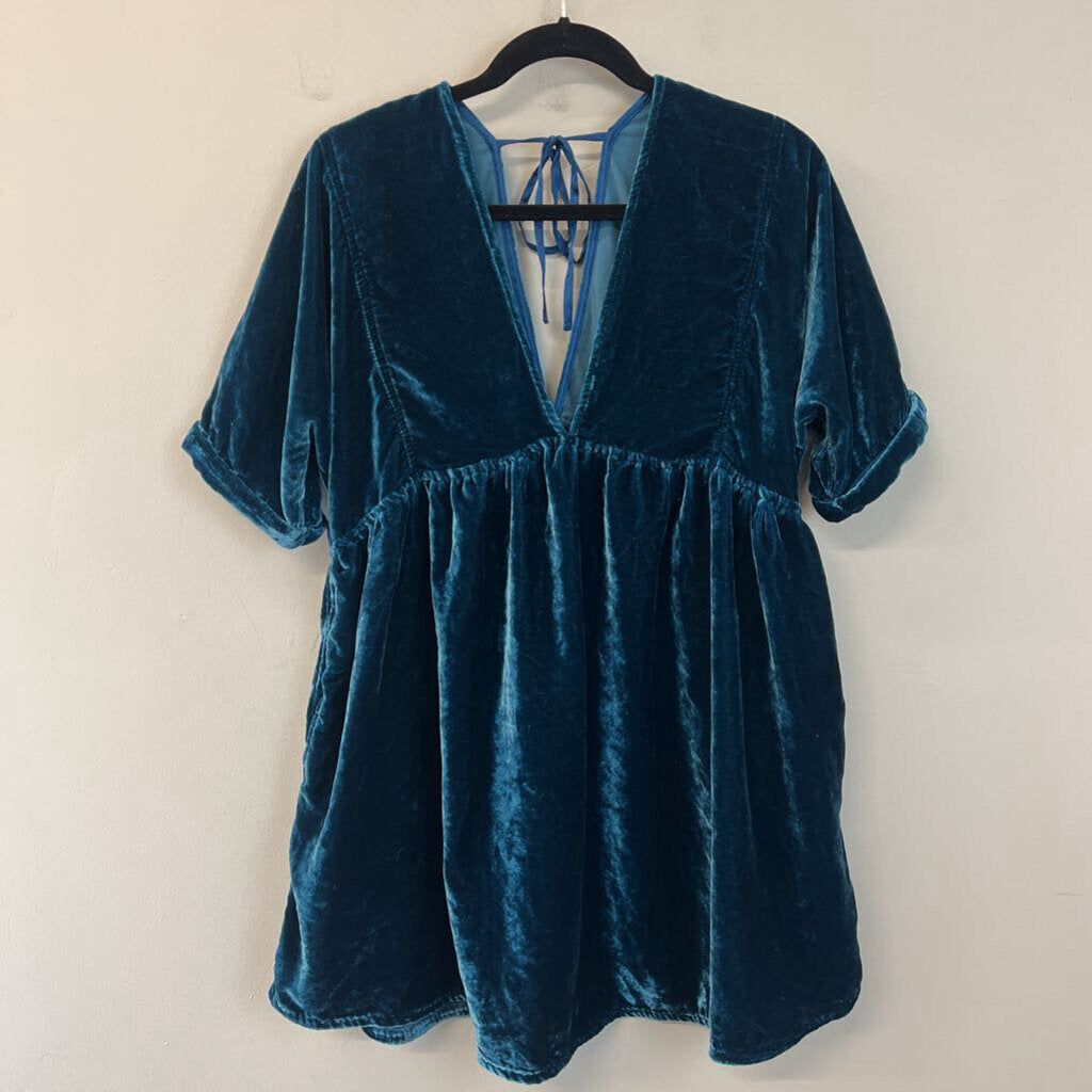 Free People Blue Velvet Short Sleeve Babydoll Dress Small