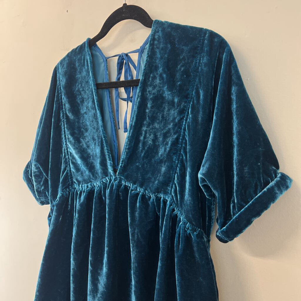 Free People Blue Velvet Short Sleeve Babydoll Dress Small