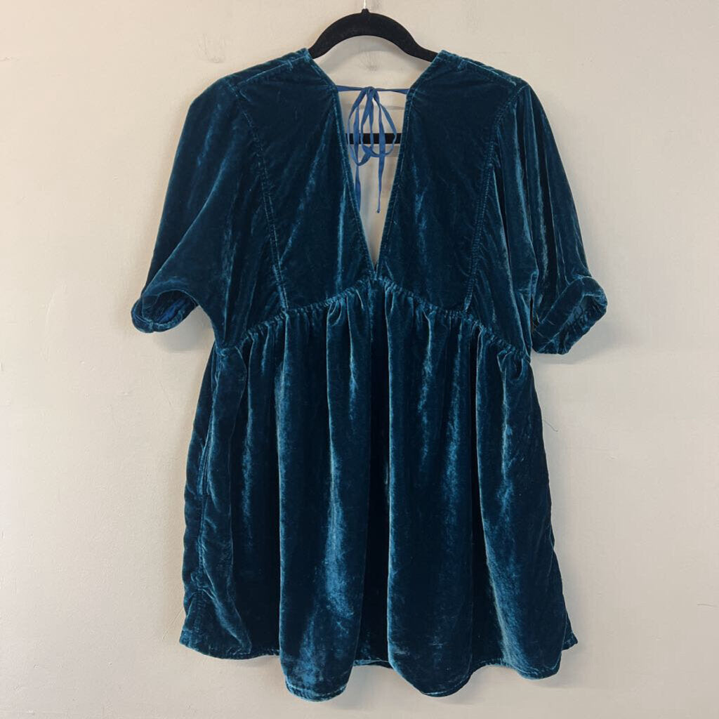 Free People Blue Velvet Short Sleeve Babydoll Dress Small