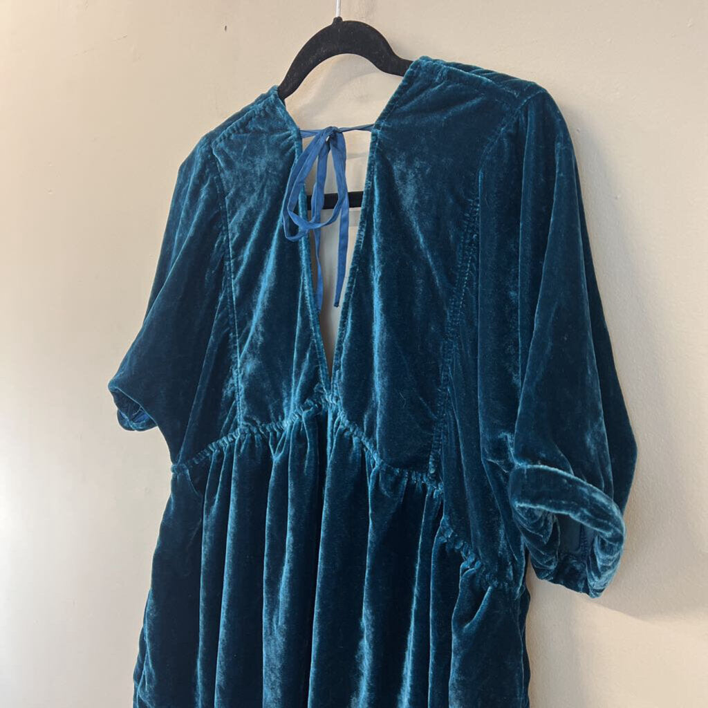 Free People Blue Velvet Short Sleeve Babydoll Dress Small