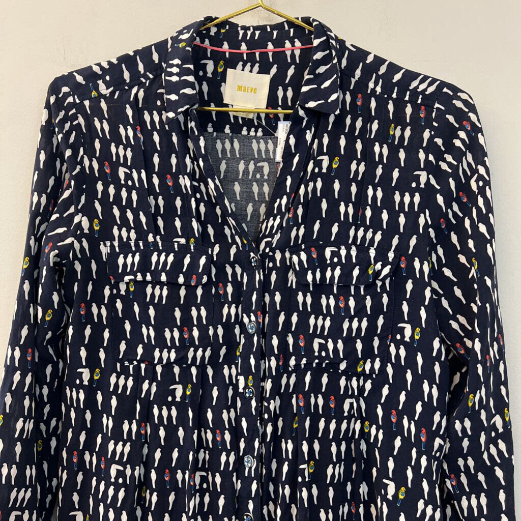 Maeve Navy/ White Bird Print Button Down Top 2