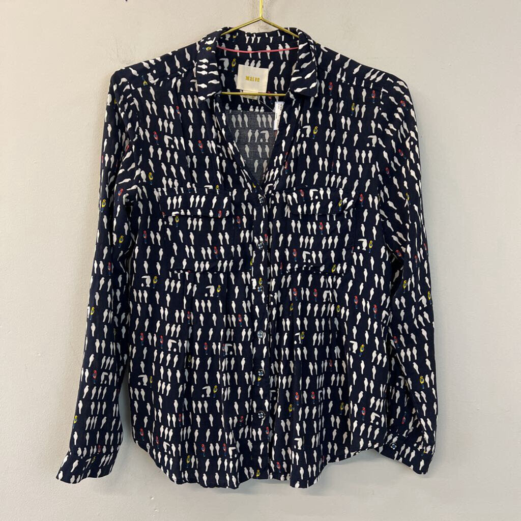 Maeve Navy/ White Bird Print Button Down Top 2