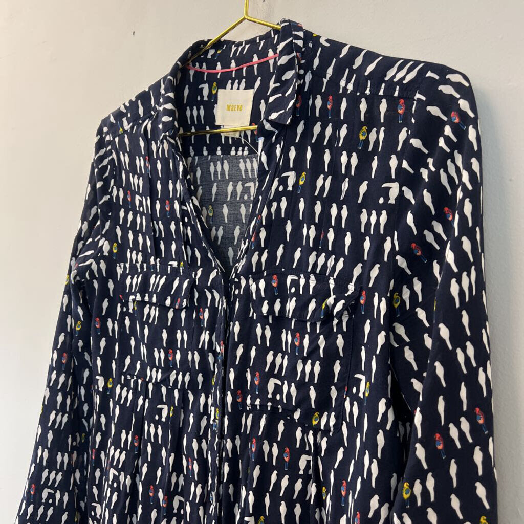 Maeve Navy/ White Bird Print Button Down Top 2