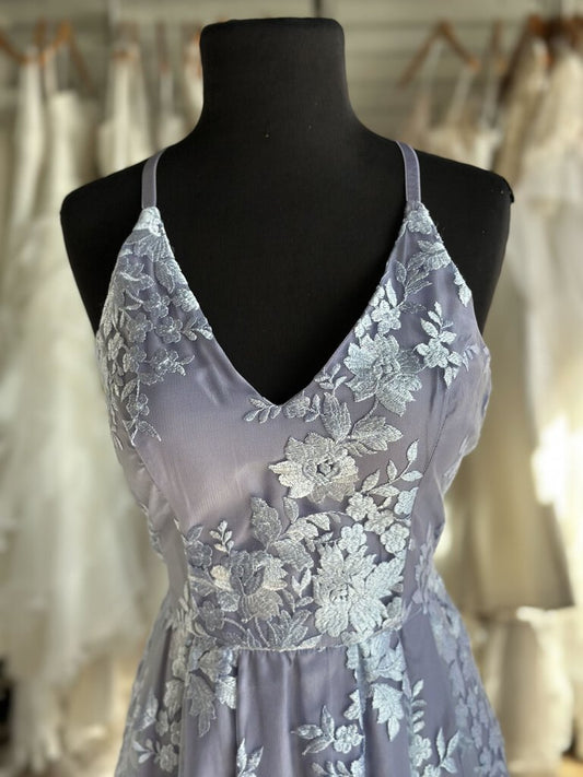 A Byer Periwinkle Lace V Neck Long Formal Dress 5