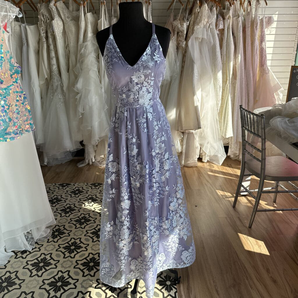 A Byer Periwinkle Lace V Neck Long Formal Dress 5