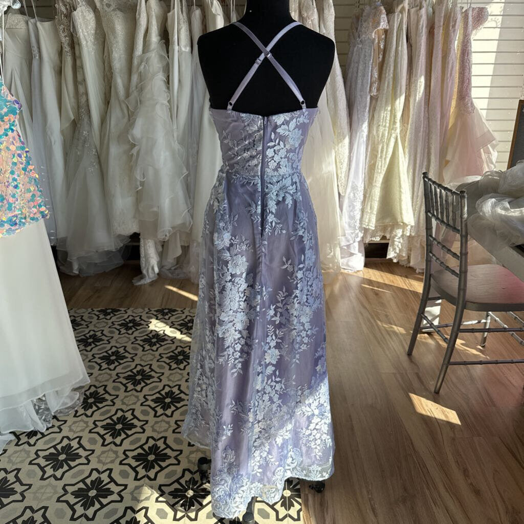 A Byer Periwinkle Lace V Neck Long Formal Dress 5