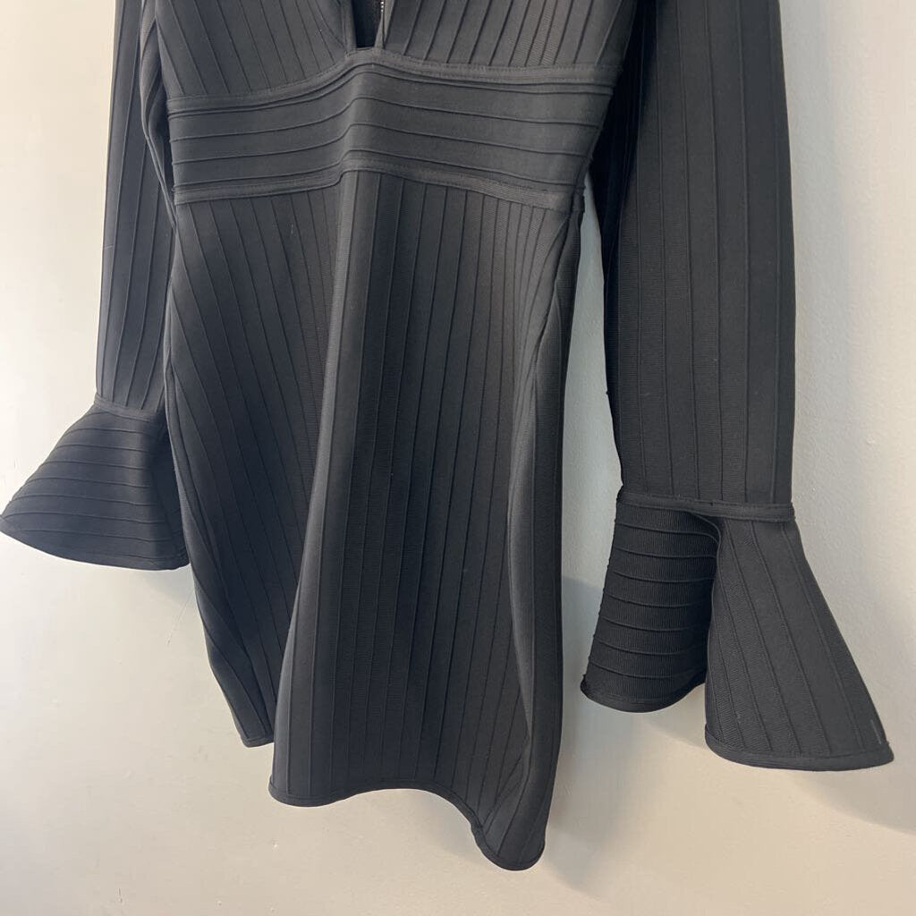 Venus Black Long Sleeve Deep V Bodycon Dress Large