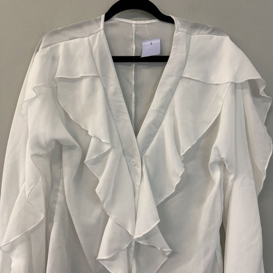 White Button Front Ruffle Detail Long Sleeve Top Large