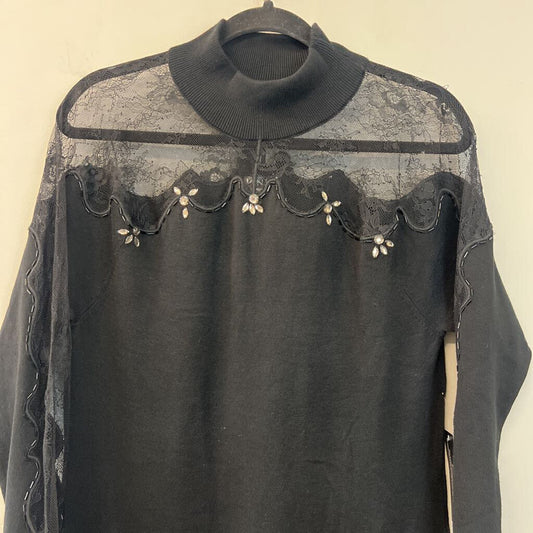 Venus Black Embellished Lace Mockneck Long Sleeve Dress Large