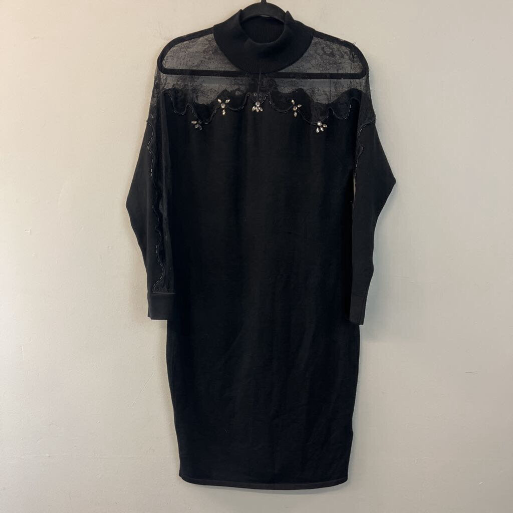 Venus Black Embellished Lace Mockneck Long Sleeve Dress Large