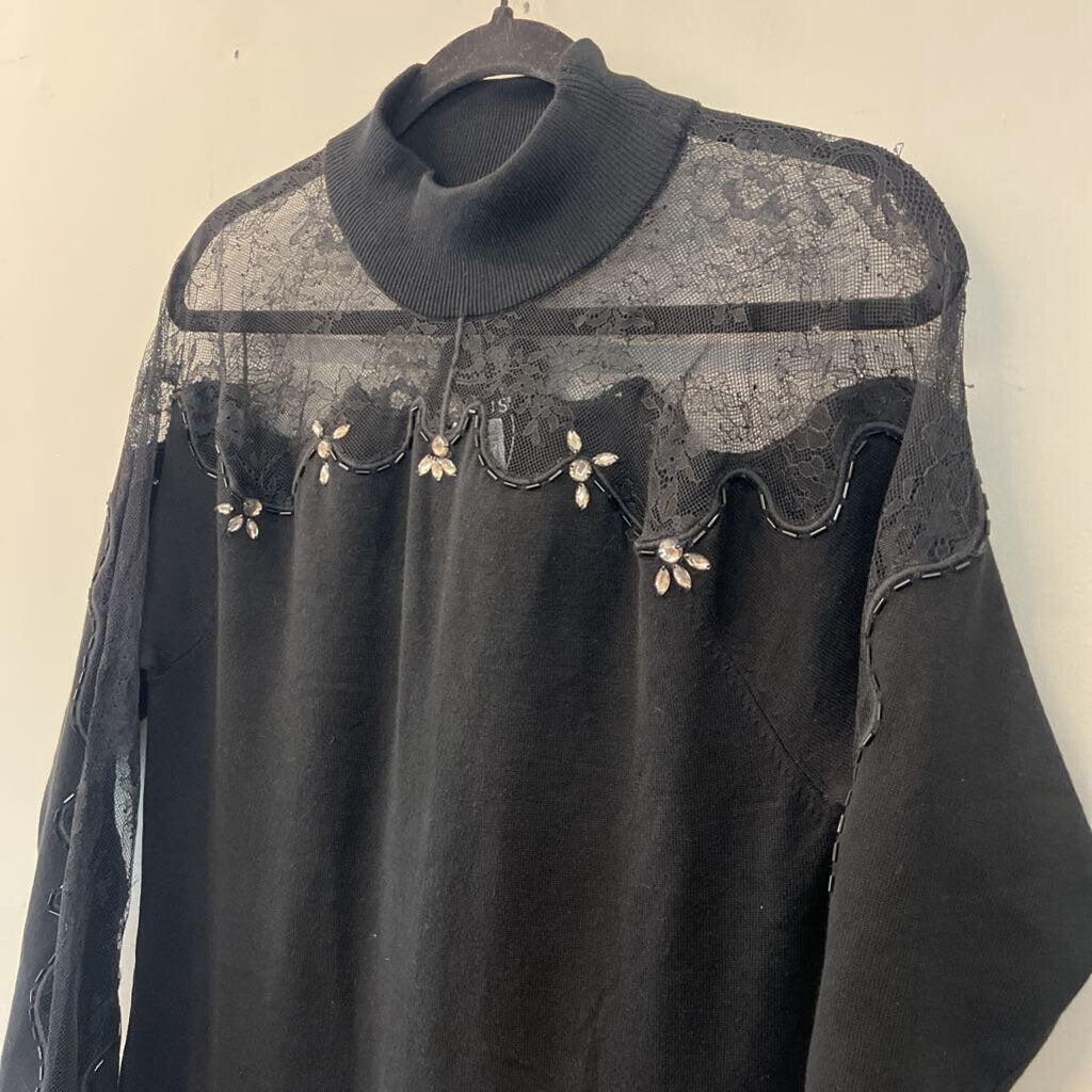 Venus Black Embellished Lace Mockneck Long Sleeve Dress Large