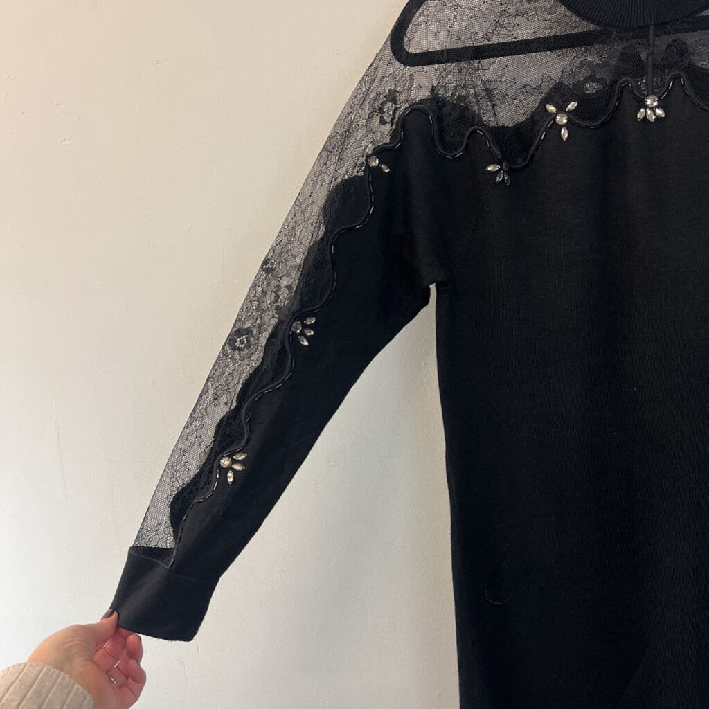 Venus Black Embellished Lace Mockneck Long Sleeve Dress Large