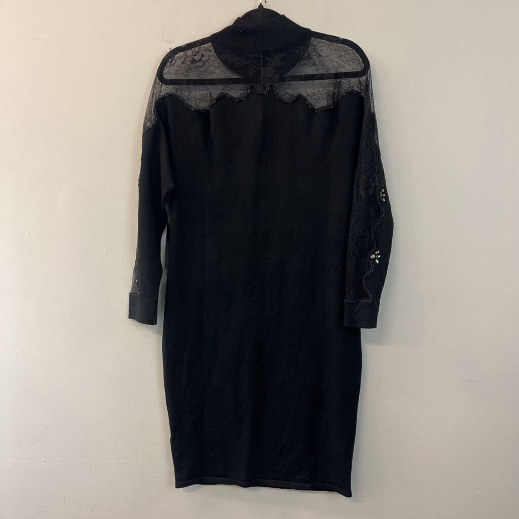 Venus Black Embellished Lace Mockneck Long Sleeve Dress Large