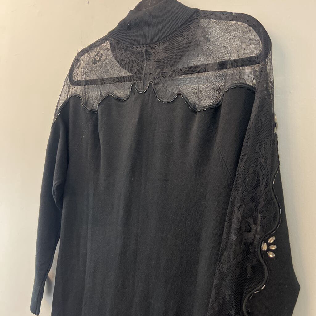 Venus Black Embellished Lace Mockneck Long Sleeve Dress Large