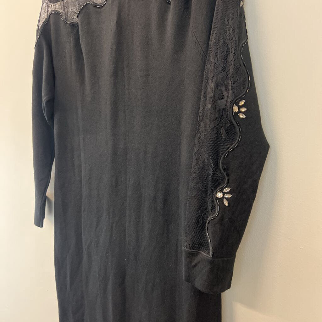 Venus Black Embellished Lace Mockneck Long Sleeve Dress Large