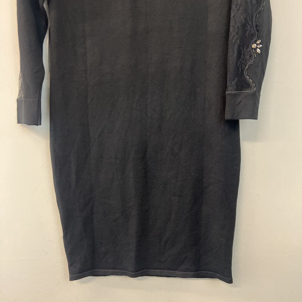 Venus Black Embellished Lace Mockneck Long Sleeve Dress Large