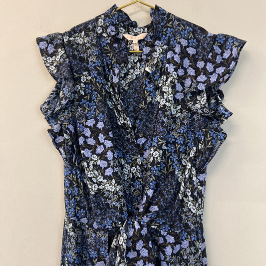 Rebecca Taylor 100% Silk Navy/ Blue Flower Print Short Ruffle Sleeve Jumpsuit 4