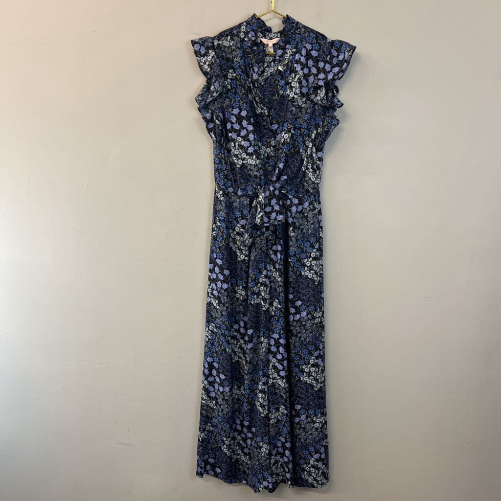 Rebecca Taylor 100% Silk Navy/ Blue Flower Print Short Ruffle Sleeve Jumpsuit 4