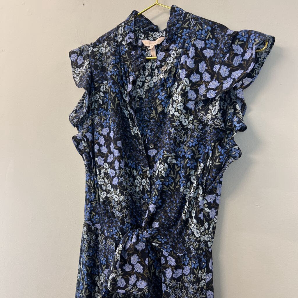 Rebecca Taylor 100% Silk Navy/ Blue Flower Print Short Ruffle Sleeve Jumpsuit 4