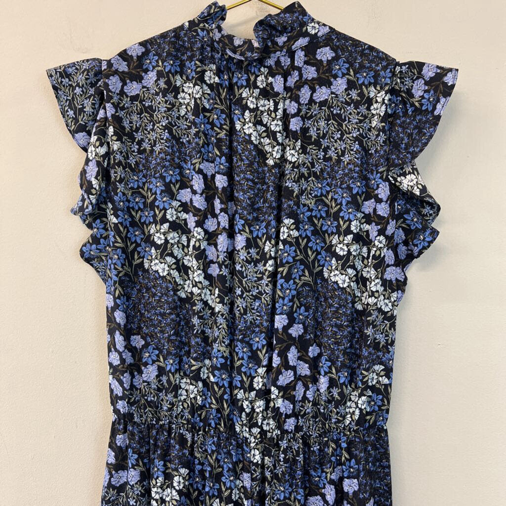 Rebecca Taylor 100% Silk Navy/ Blue Flower Print Short Ruffle Sleeve Jumpsuit 4